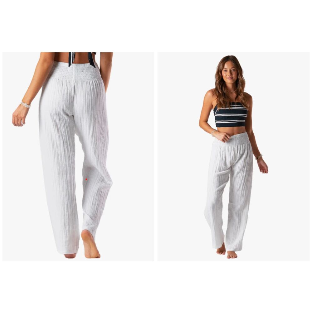 Smocked Waist White Wide-Leg Pull-On Pants